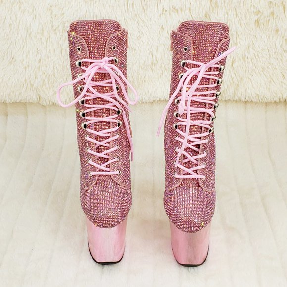 Bejeweled Baby Pink Rhinestone 8" Heel Platform Ankle Boots Flamingo - Picture 13 of 15